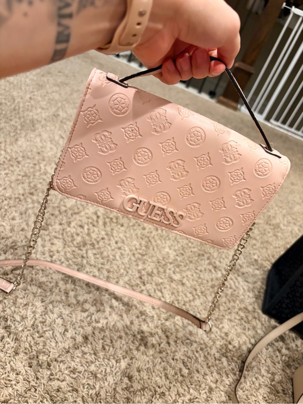 Guess Blush Pink Embossed Logo Crossbody with Chain Strap